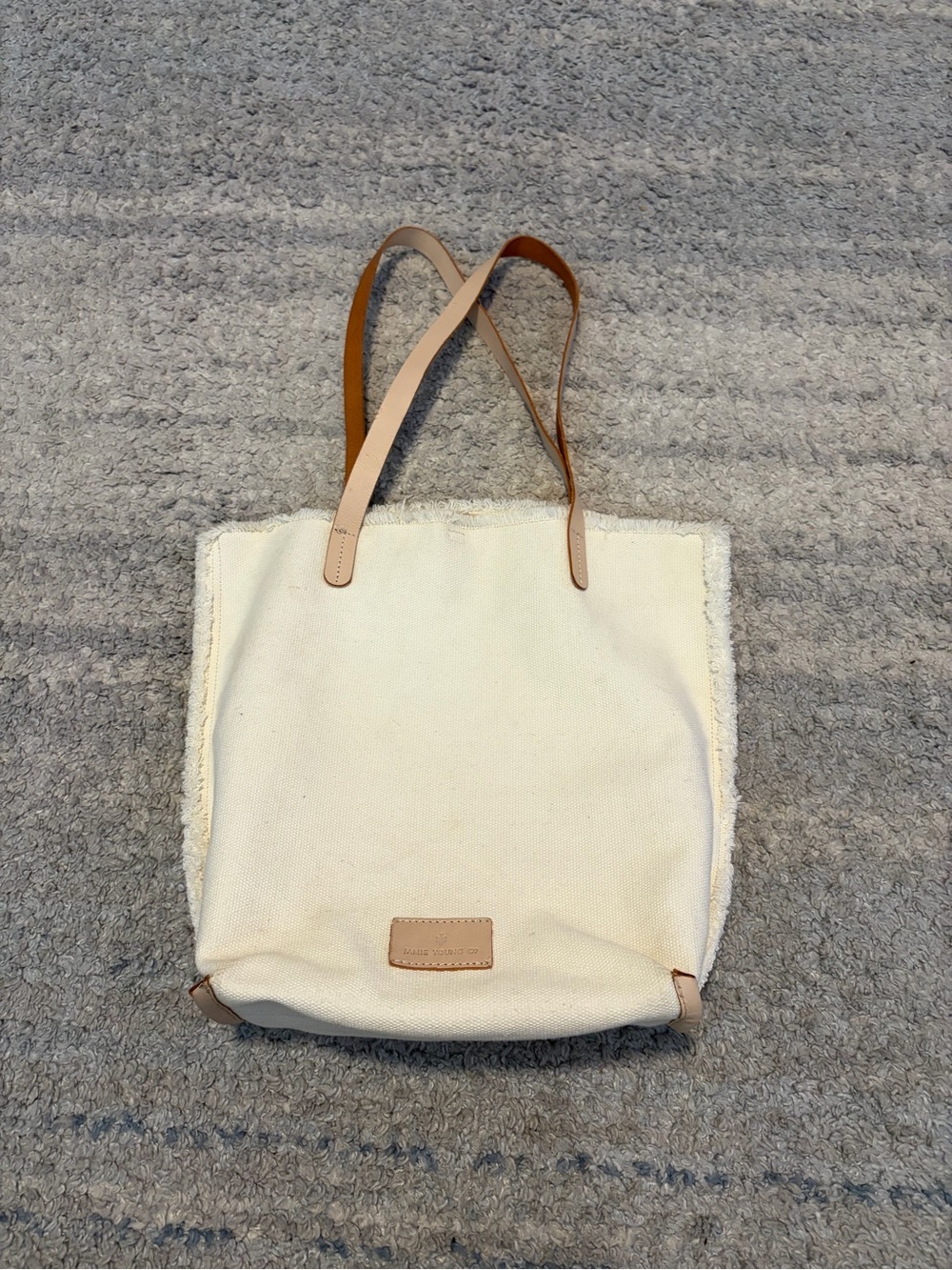 Jamie Young Co Canvas Leather Fringe Tote Bag Cream Tan Off White Shoulder Bag